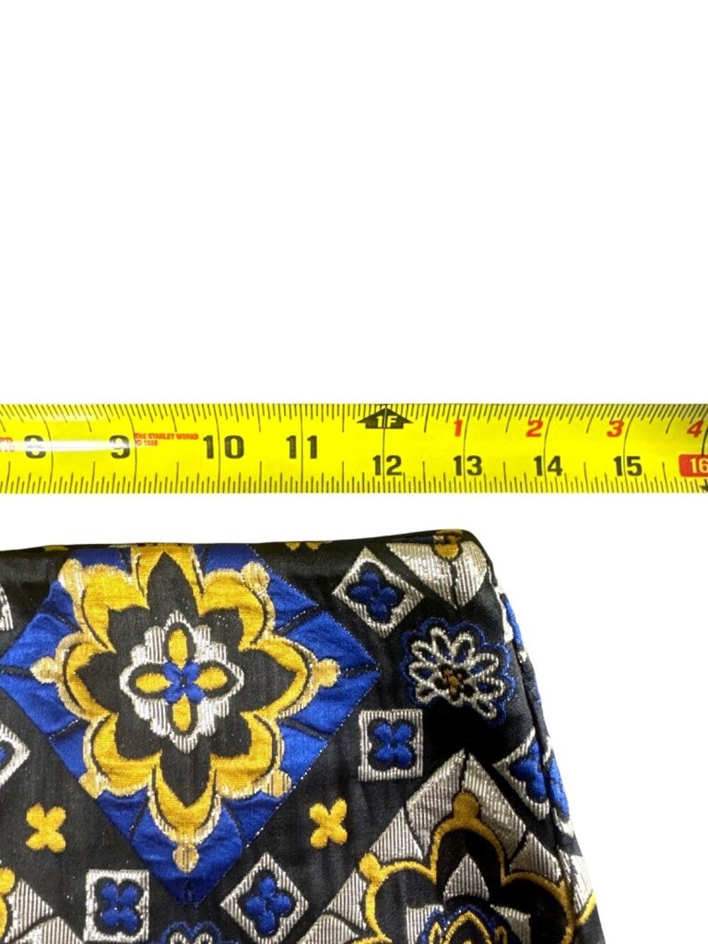 LOFT Petite Metallic Jacquard Mini Skirt Blue Gold Tile Print Size OP Preppy - Picture 7 of 8